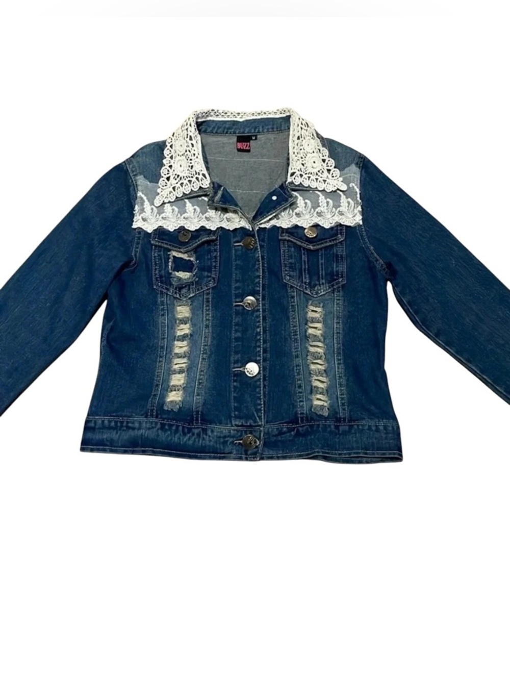 Lace trim Jean jacket Denim Lace collar Distressed Size M Retro Boho Bridal